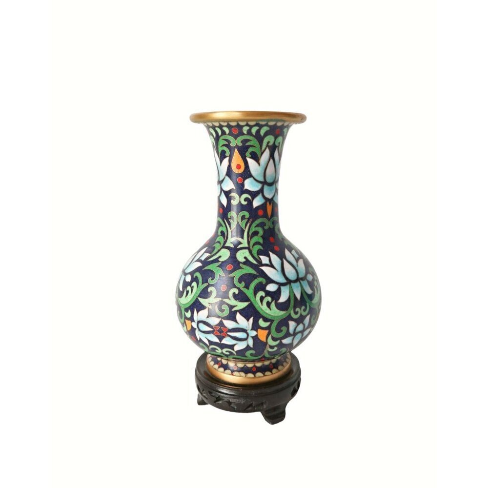 Vintage Cloisonne Lotus Vase with Wood Stand Hand Painted Floral Enamel